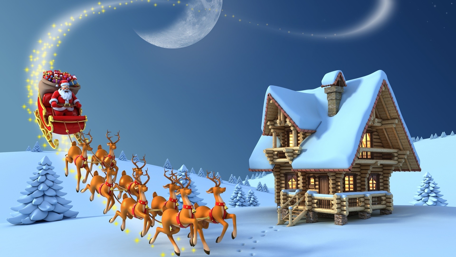 Babbo Natale, Slitta, Renne, Casa innevata, Natale, Luna, Full HD, sfondo per PC e portatile