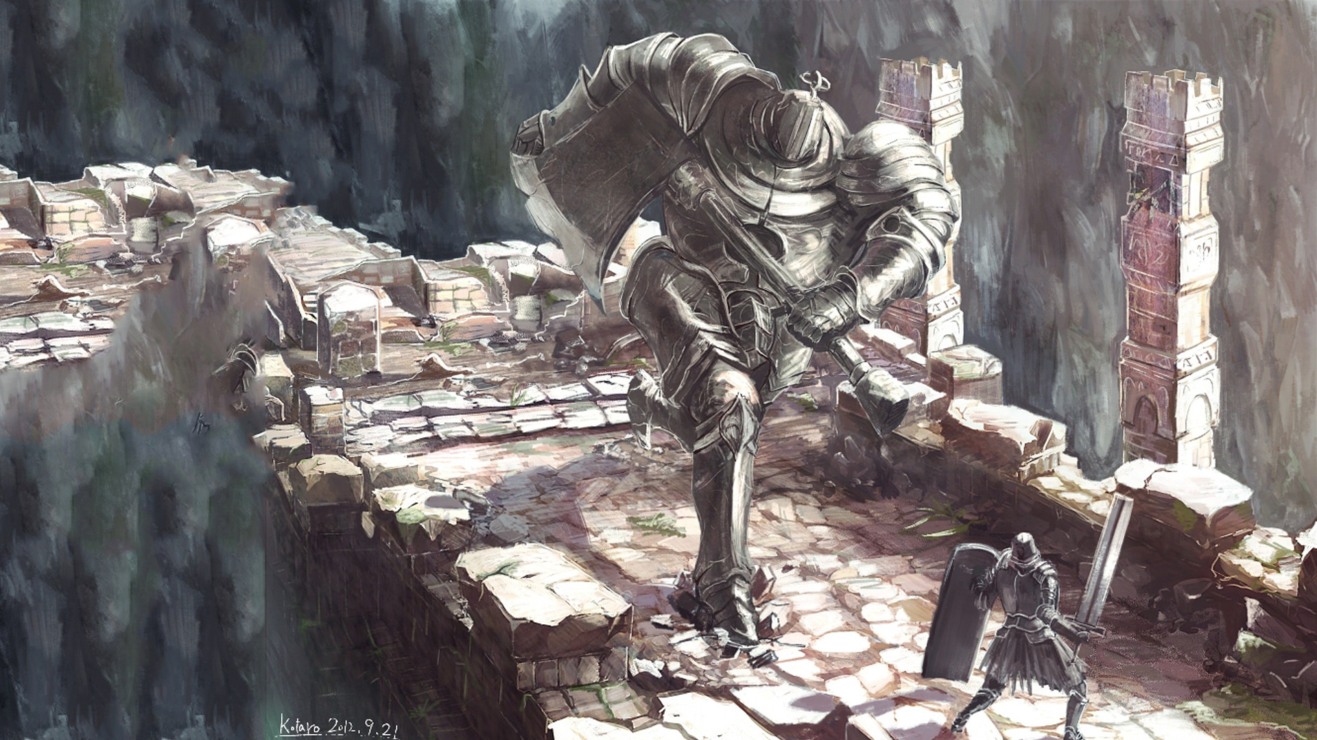 Dark Souls, Gigante di pietra, Cavaliere, Rovine, Illustrazione, sfondo desktop 1080p