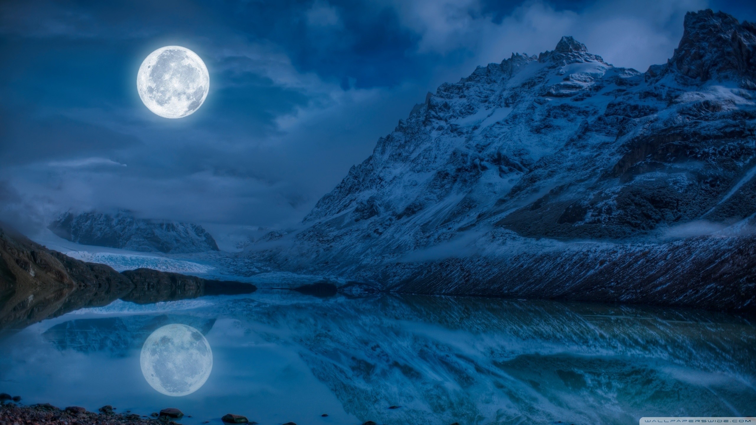 Luna piena, Lago, Montagne, Riflesso, Notte, 2K 1440p, sfondo desktop