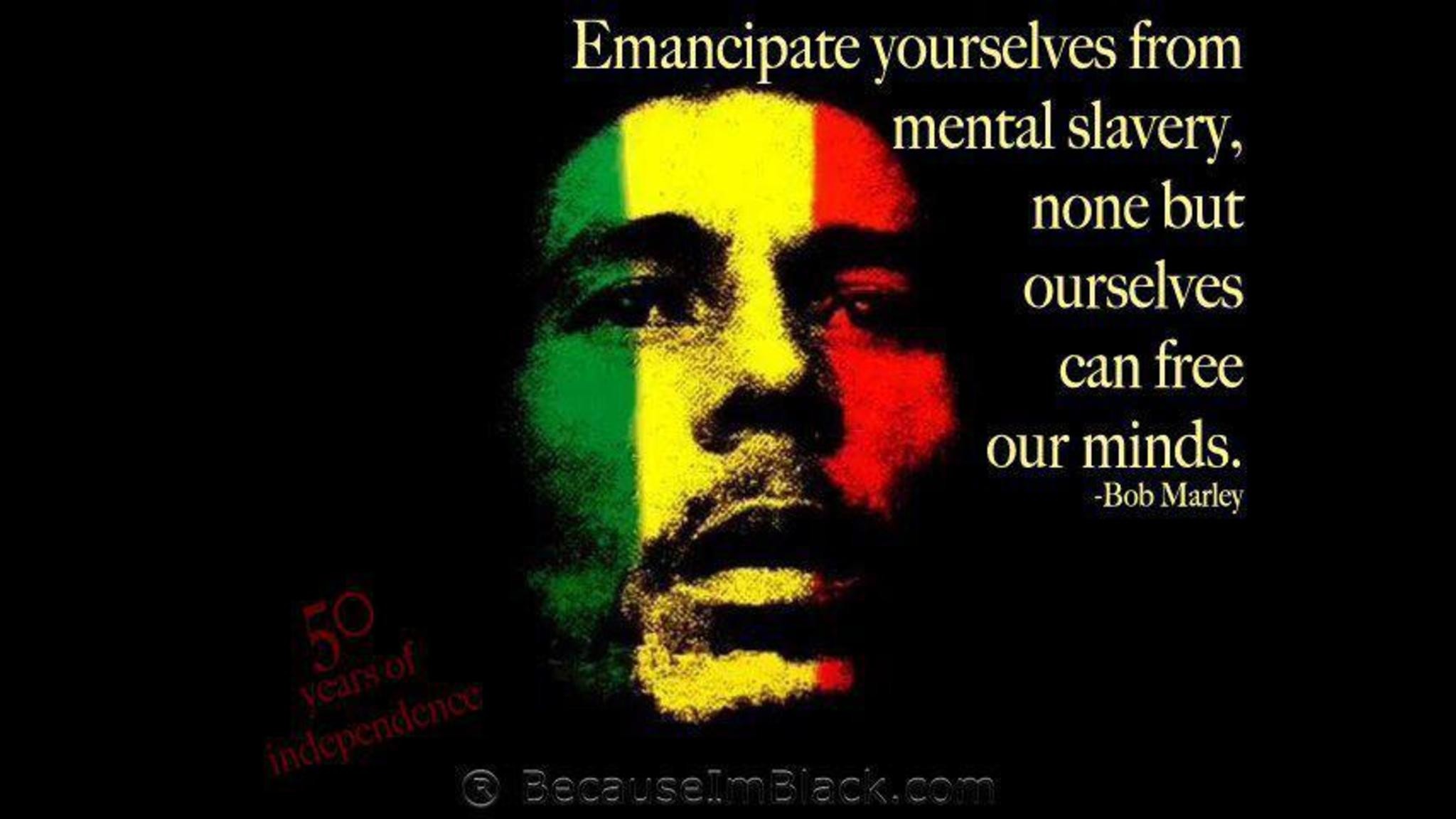 Bob Marley, Citazione, Emancipate yourselves from mental slavery, Colori rasta, sfondo per PC