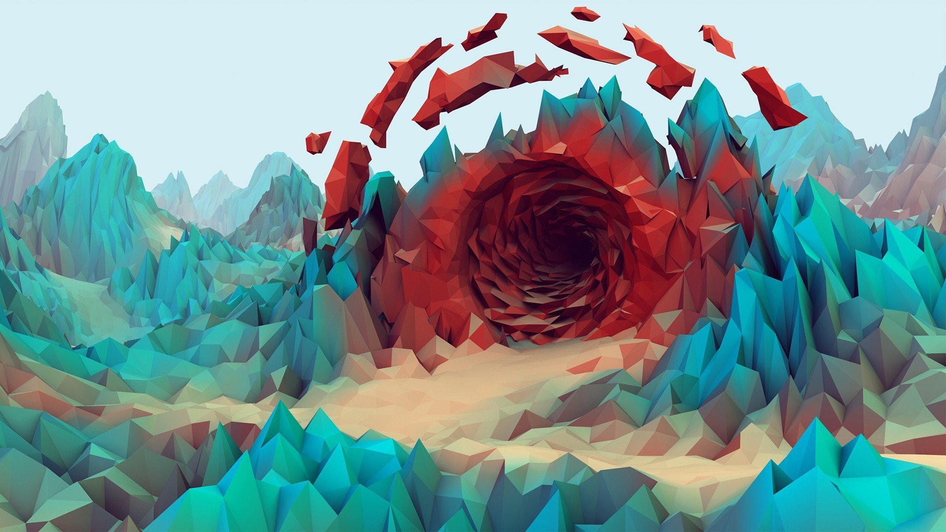 Low poly, Vortice, Montagne, Turchese, Rosso, 1920x1080, sfondo per PC
