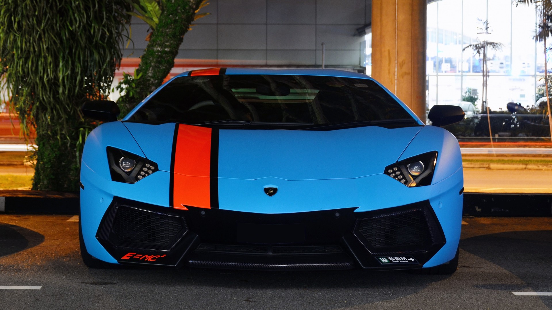 Lamborghini Aventador, Azzurro, Striscia arancione, Vista frontale, sfondo desktop Full HD