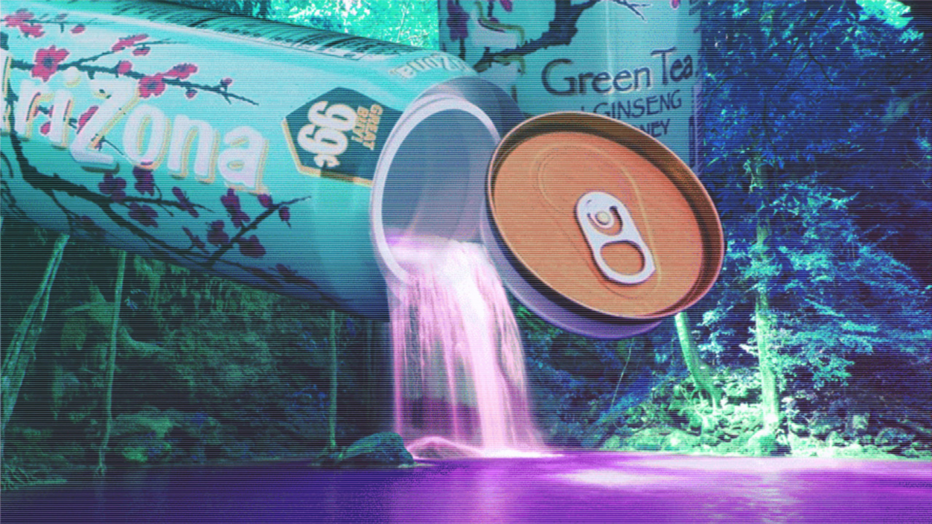 Vaporwave, AriZona Green Tea, Lattina, Cascata, Ciliegi, Full HD 1080p, sfondo desktop