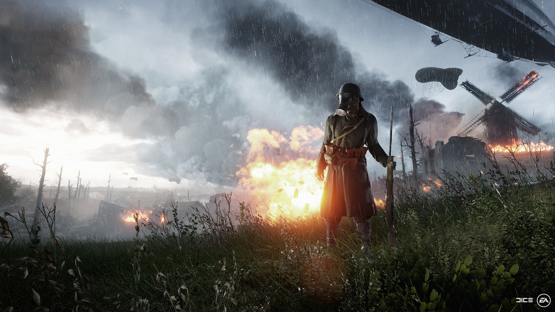 Battlefield 1, Soldato, Esplosione, Mulino a vento, Dirigibile, Full HD, sfondo desktop