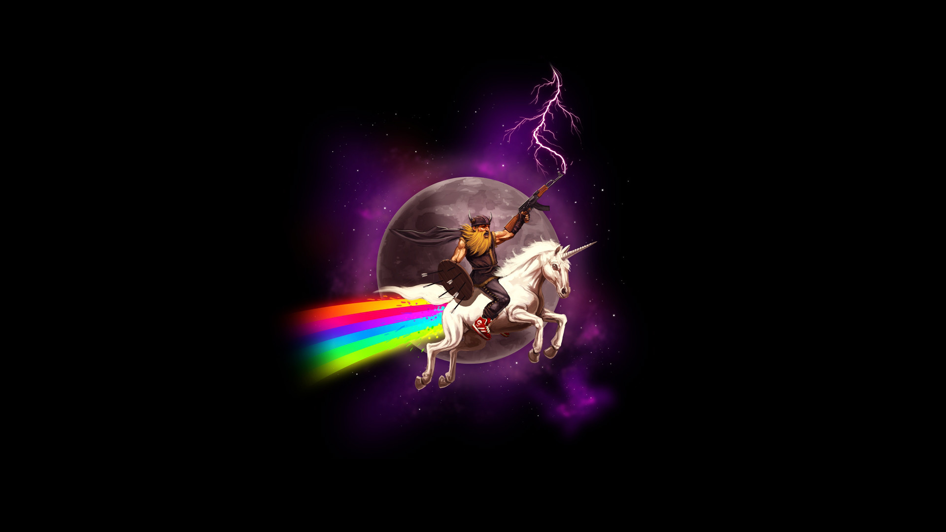 Unicorno, Arcobaleno, Spazio, Sfondo nero, Full HD, wallpaper desktop