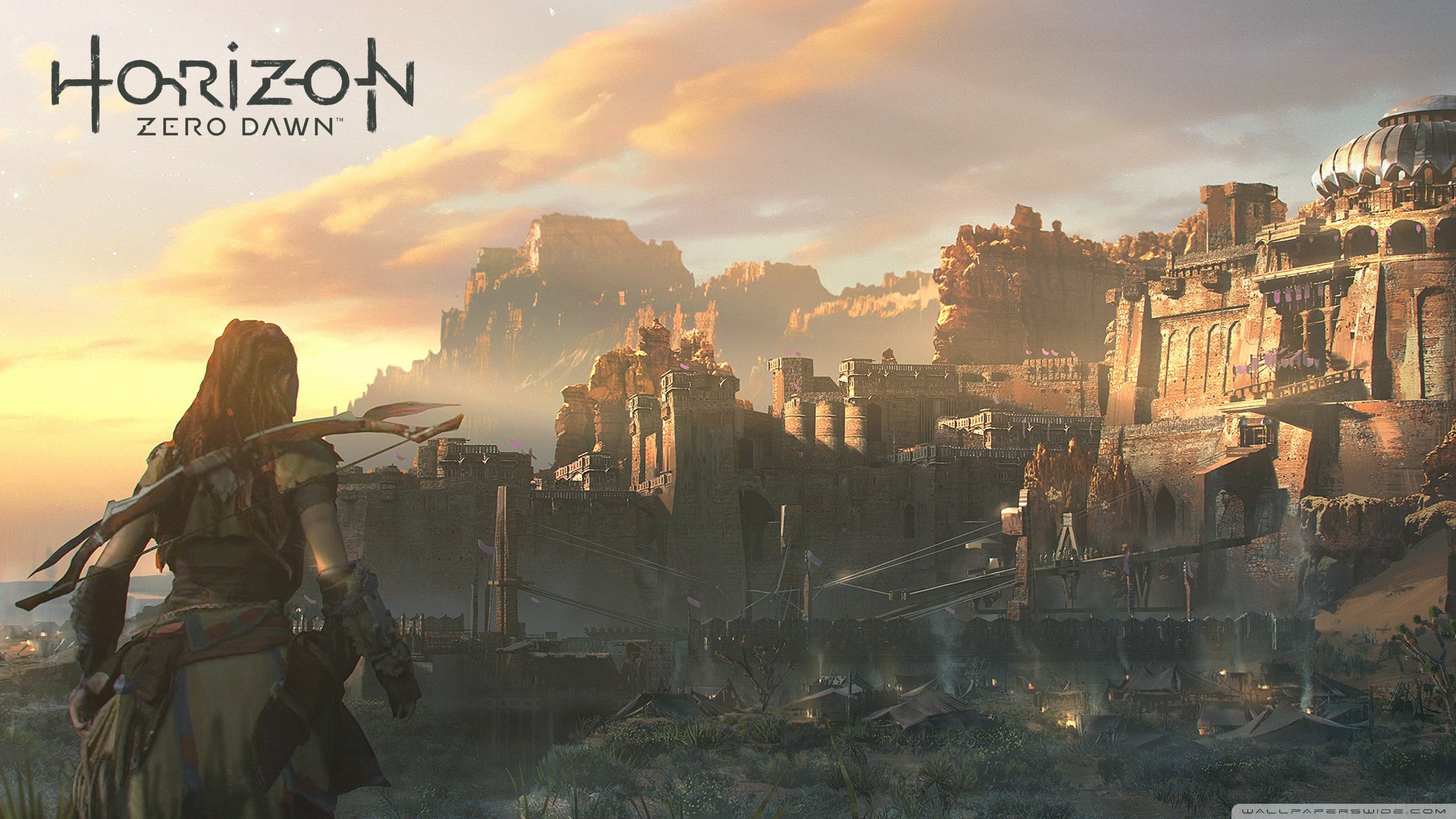 Aloy, Horizon Zero Dawn, Meridian, Logo, Tramonto, 2K, sfondo per PC e portatile