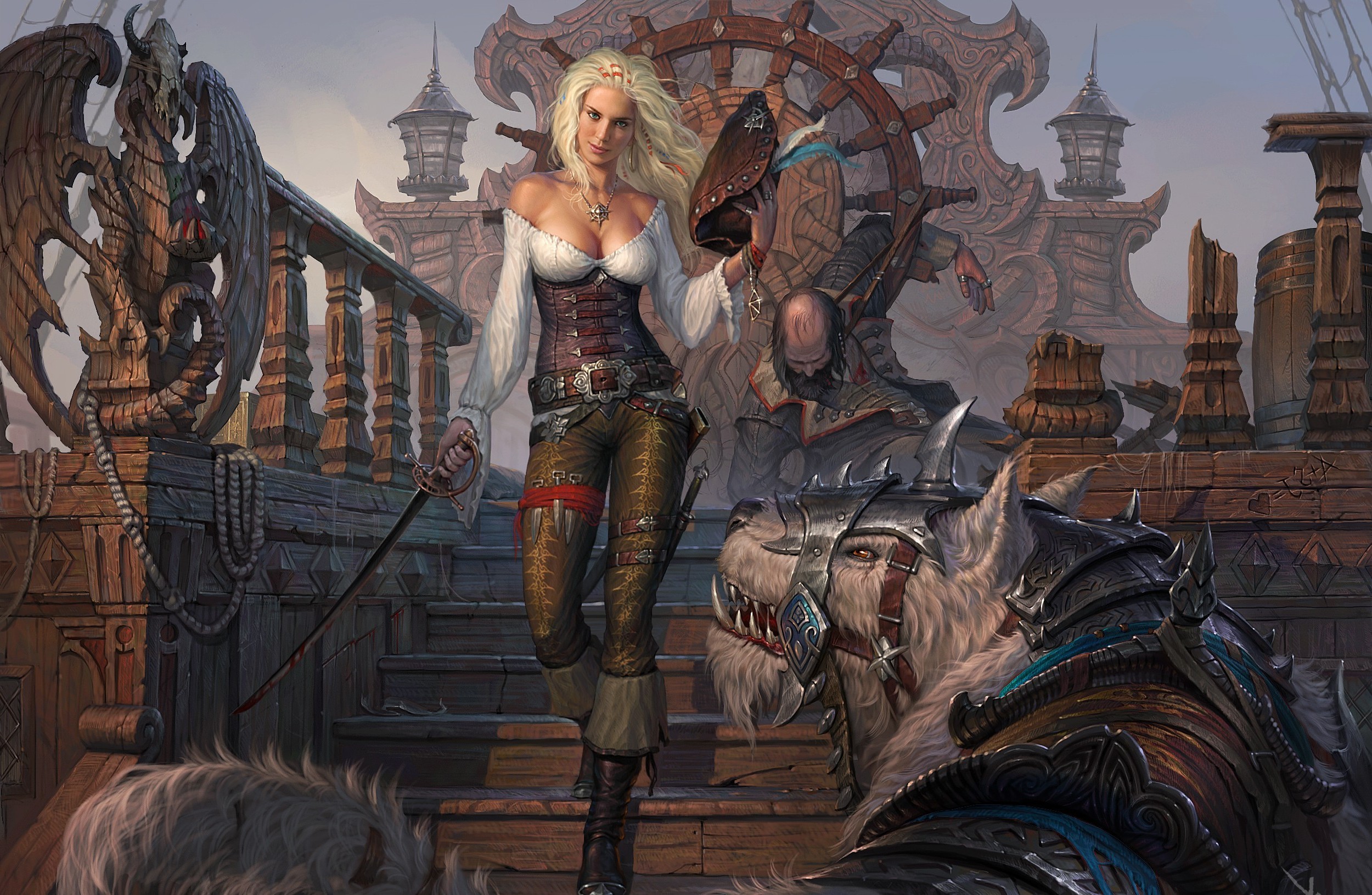 Piratessa, Nave pirata, Fantasy, Arte digitale, Full HD, sfondo per PC e portatile