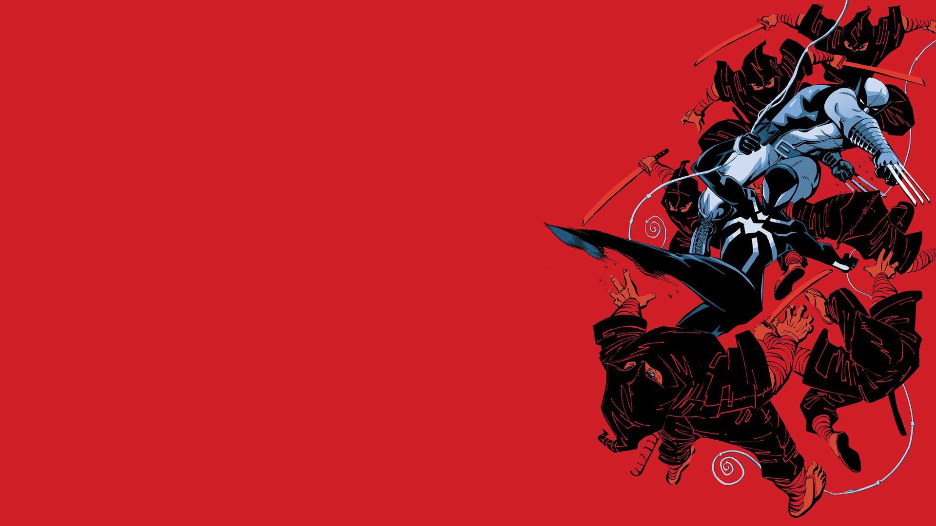 Wolverine, Ninja, Combattimento, Sfondo rosso, 16:9 Full HD, wallpaper widescreen
