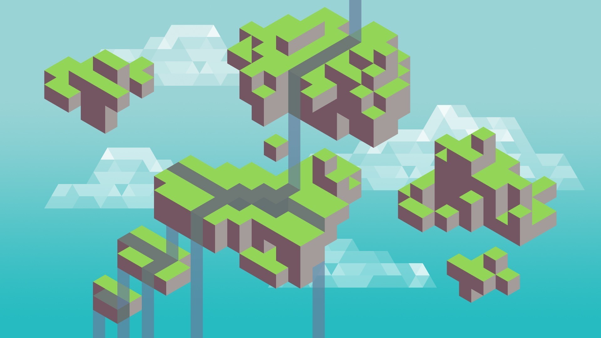 Pixel art, Isole fluttuanti, Isometrico, Verde acqua, 16:9 Full HD, wallpaper widescreen