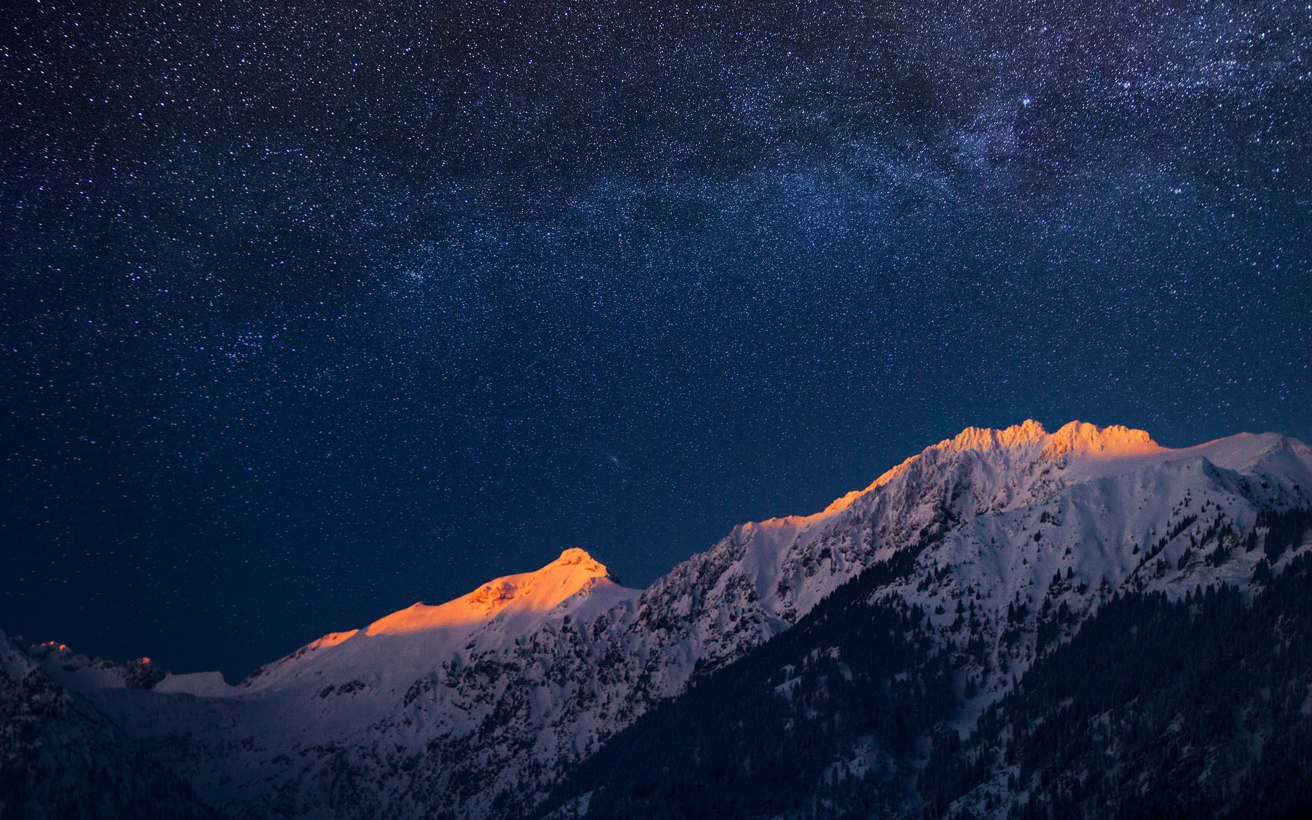 Cielo stellato, Montagne innevate, Alpenglow, 2560x1600, immagine di sfondo