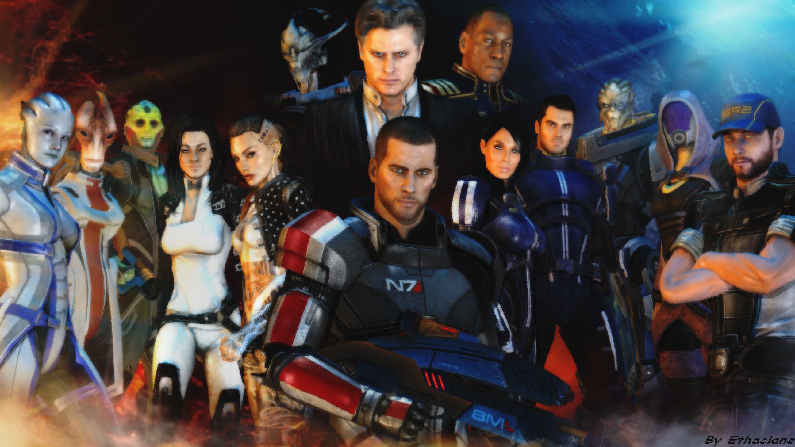 Comandante Shepard, Liara T'Soni, Miranda Lawson, Garrus Vakarian, Mass Effect, Squadra, sfondo per PC