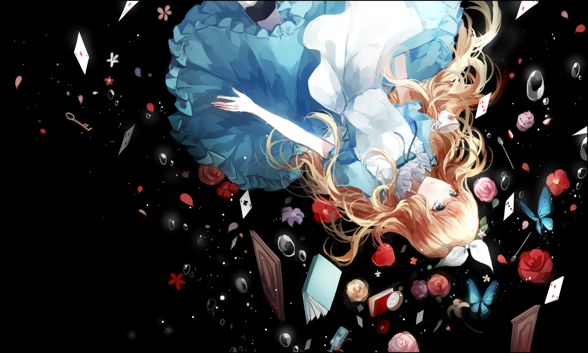 Alice, Caduta, Carte da gioco, Anime, Sfondo nero, Full HD, wallpaper per portatile
