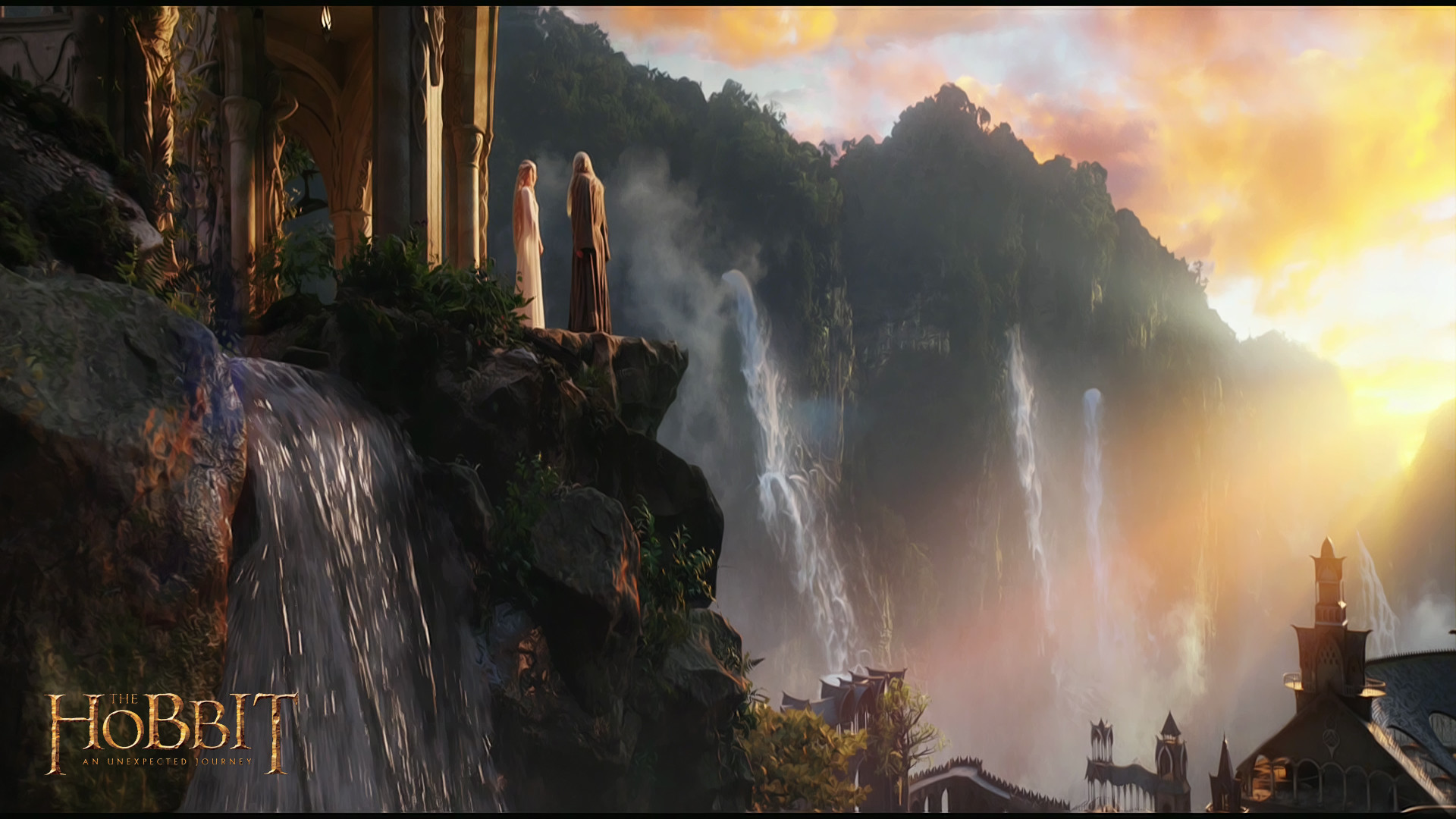 Gran Burrone, Cascate, Lo Hobbit, Tramonto, Full HD, sfondo per PC