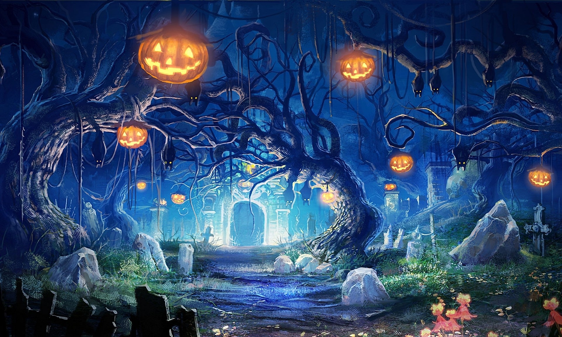 Cimitero, Lanterne a zucca, Bosco incantato, Notte, Full HD, sfondo desktop