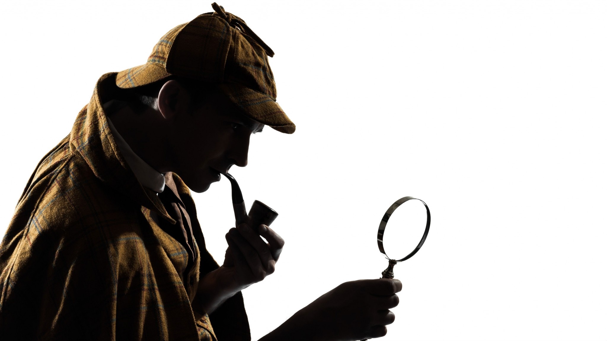 Sherlock Holmes, Silhouette, Deerstalker, Pipa, Lente d'ingrandimento, Sfondo bianco, wallpaper Full HD