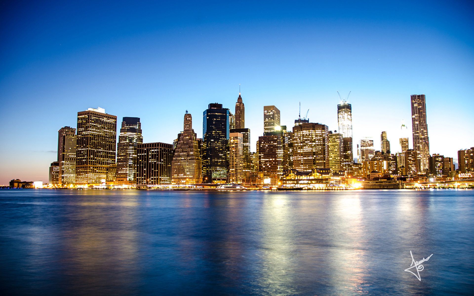 Lower Manhattan, Skyline, Riflesso, Crepuscolo, Full HD, wallpaper per computer