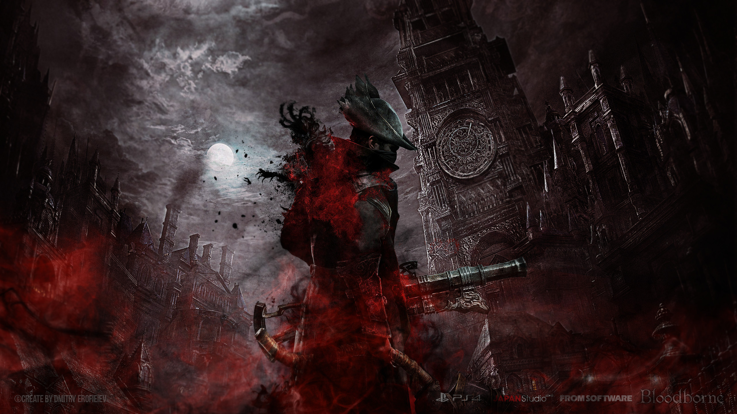 Bloodborne, Hunter, Luna, Rosso, Videogiochi, 2560x1440, immagine di sfondo