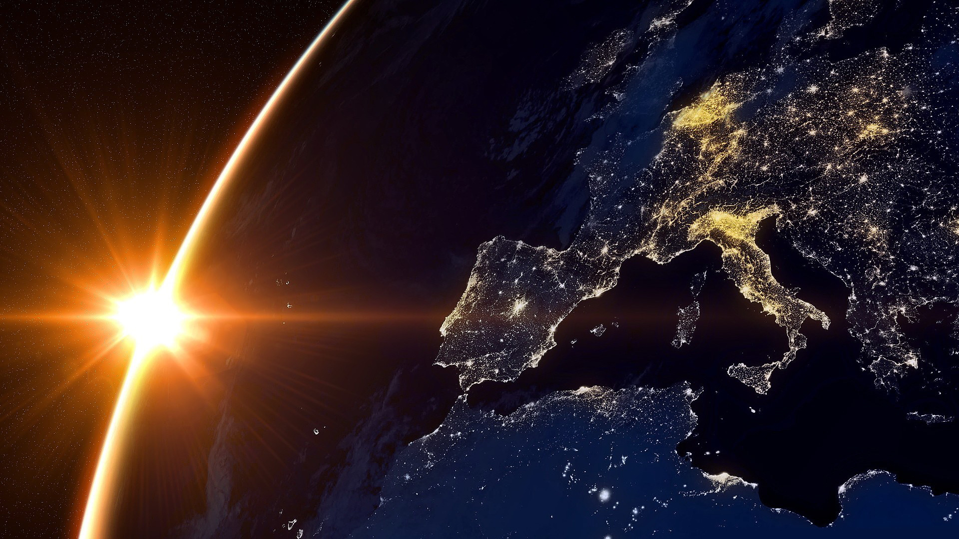 Terra dallo spazio, Europa di notte, Alba, Luci delle città, 1920x1080, sfondo per PC