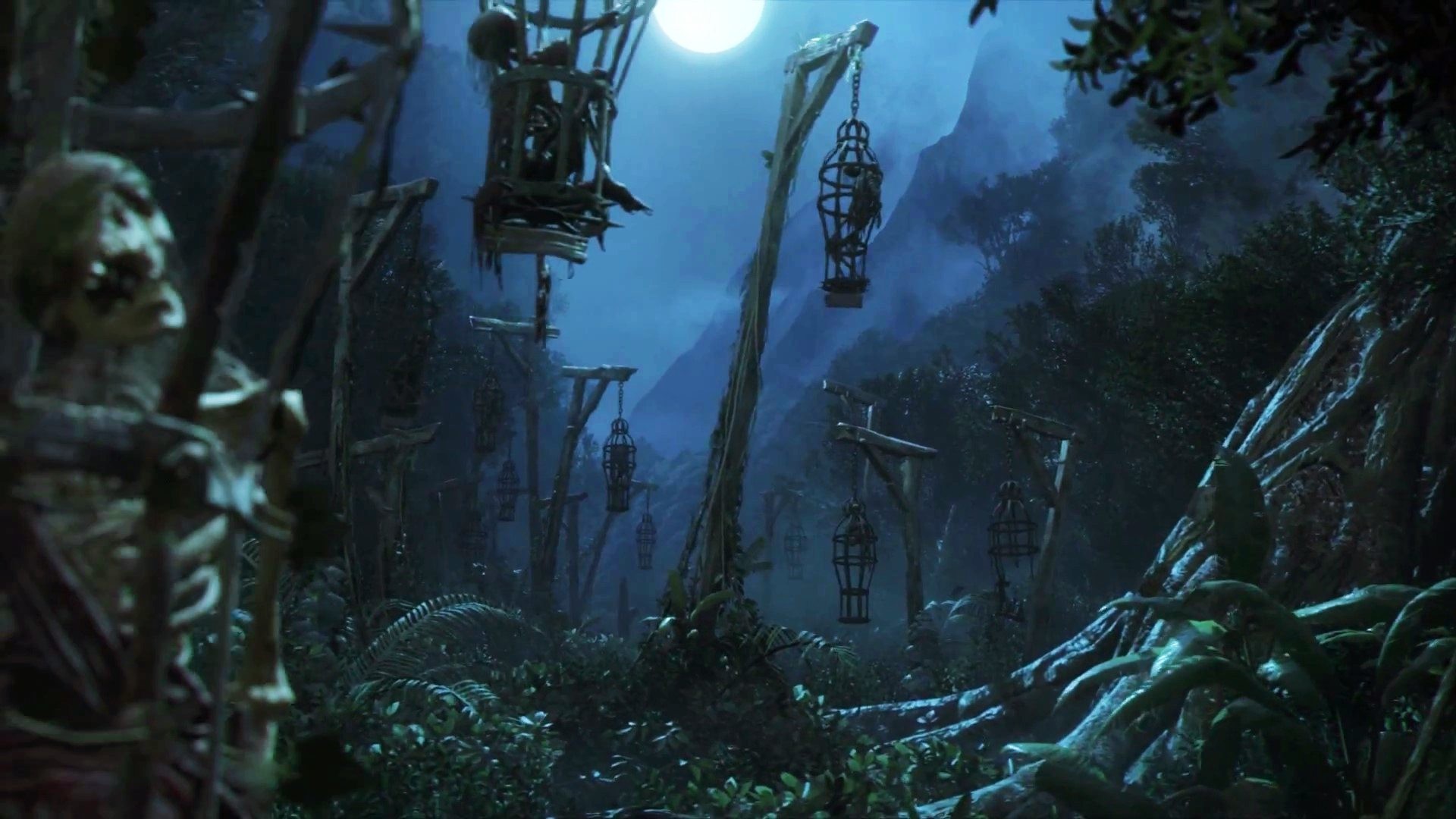 Uncharted 4, Gabbie, Scheletro, Giungla, Notte, 16:9 Full HD, wallpaper widescreen