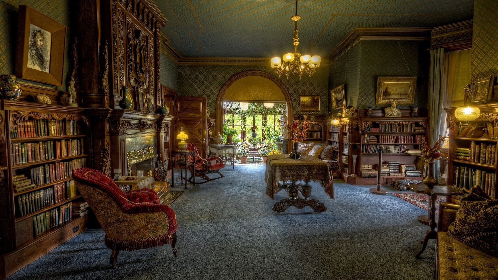 Biblioteca privata, Lampadario, Poltrona, Interni vittoriani, 1920x1080, sfondo per PC