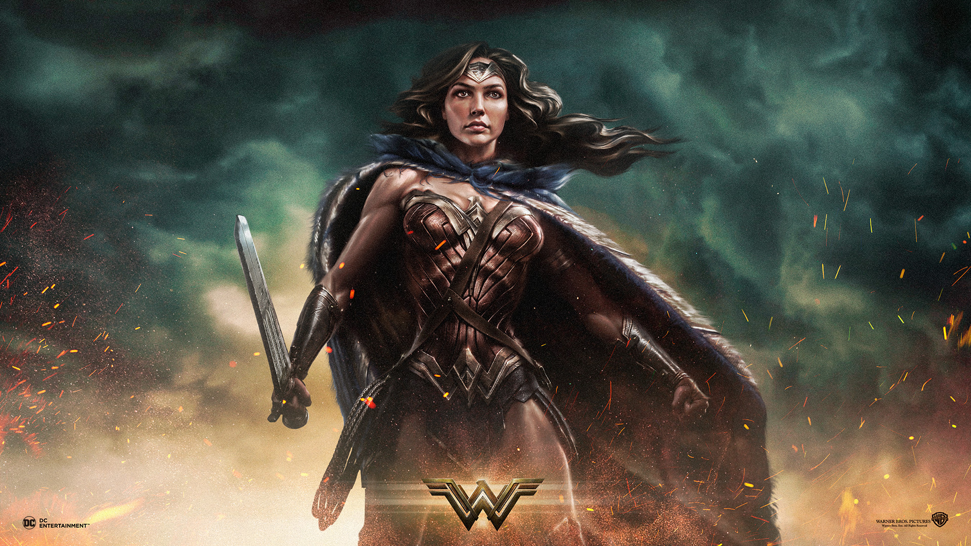Wonder Woman, Gal Gadot, Mantello, Logo WW, Cielo tempestoso, Full HD, sfondo per PC e portatile
