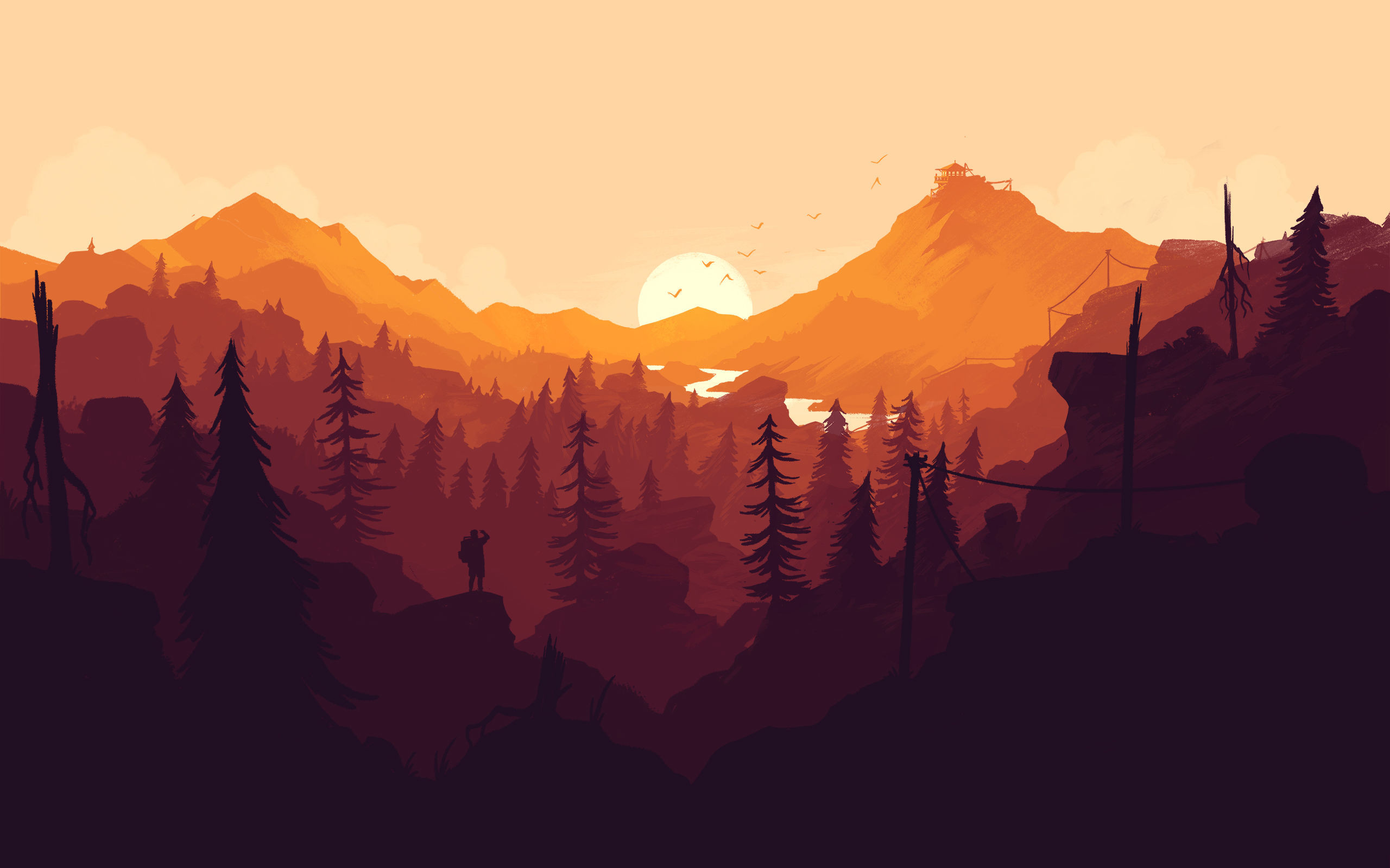 Firewatch, Foresta, Montagne, Tramonto, Arancione, 2K 1600p, sfondo desktop