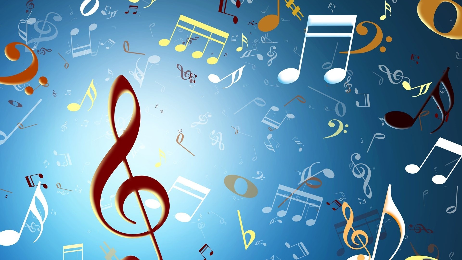 Chiave di violino, Note musicali, Sfondo blu, Colori, Full HD, wallpaper per PC