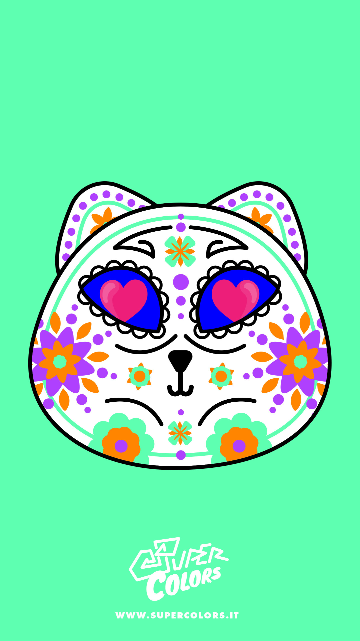 Teschio di zucchero, Gatto, Día de los Muertos, Sfondo verde menta, Illustrazione, schermata di blocco iPhone