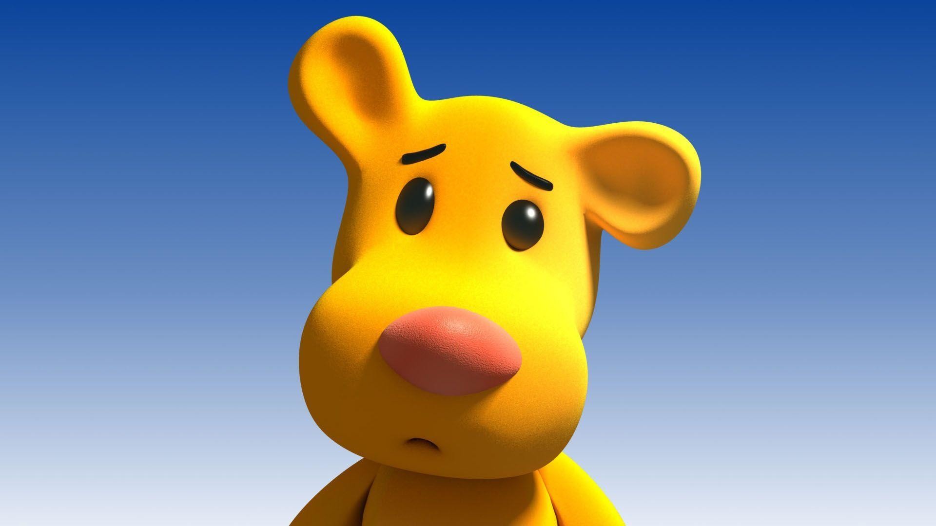 Orsetto giallo, Personaggio 3D, Cartone animato, Cielo blu, Full HD, wallpaper per desktop