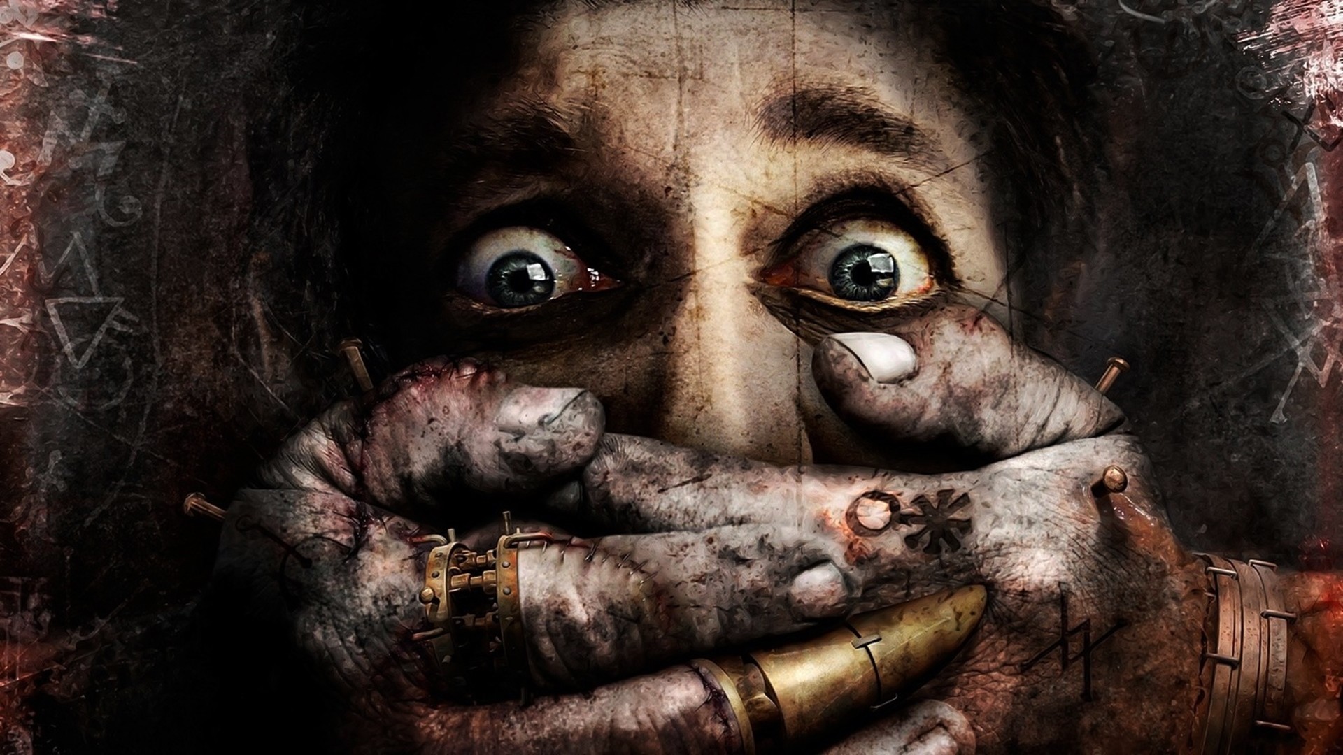 Volto spaventato, Mani, Horror, Arte digitale, 1920x1080, sfondo per PC
