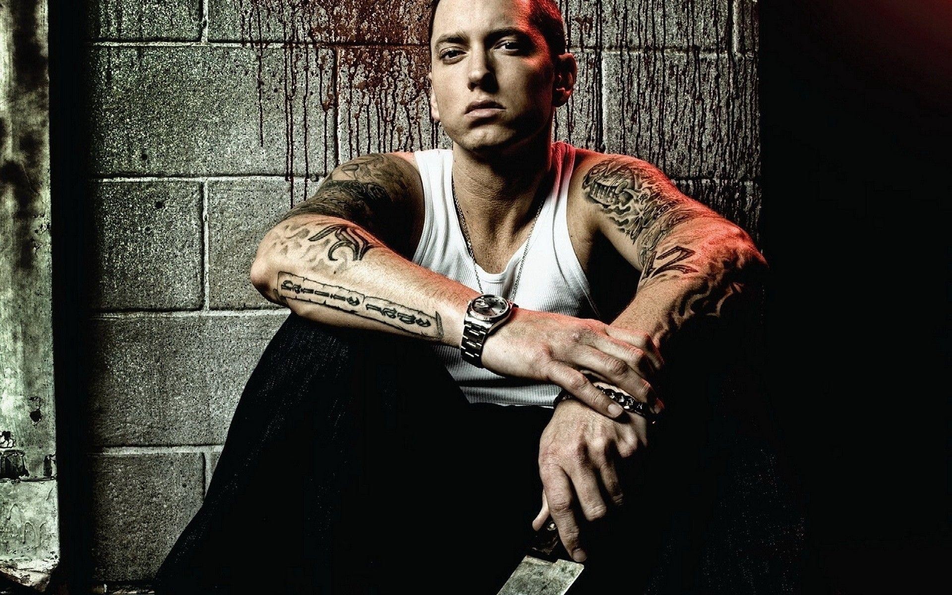 Eminem, Tatuaggi, Canottiera, Muro di mattoni, Full HD, sfondo desktop