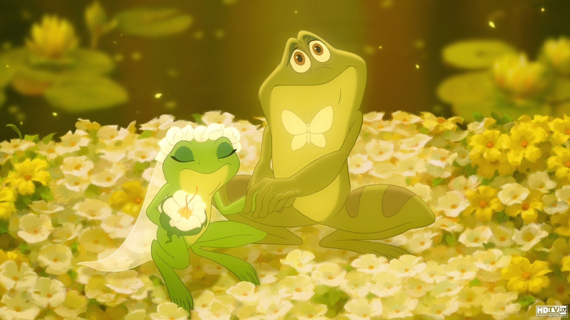 La principessa e il ranocchio, Tiana, Naveen, Rane, Disney, Fiori gialli, wallpaper Windows 11