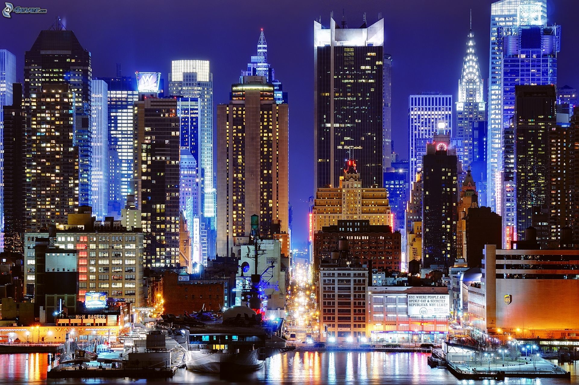 Midtown Manhattan, Chrysler Building, New York, Notte, HDR, Full HD, sfondo per PC e portatile
