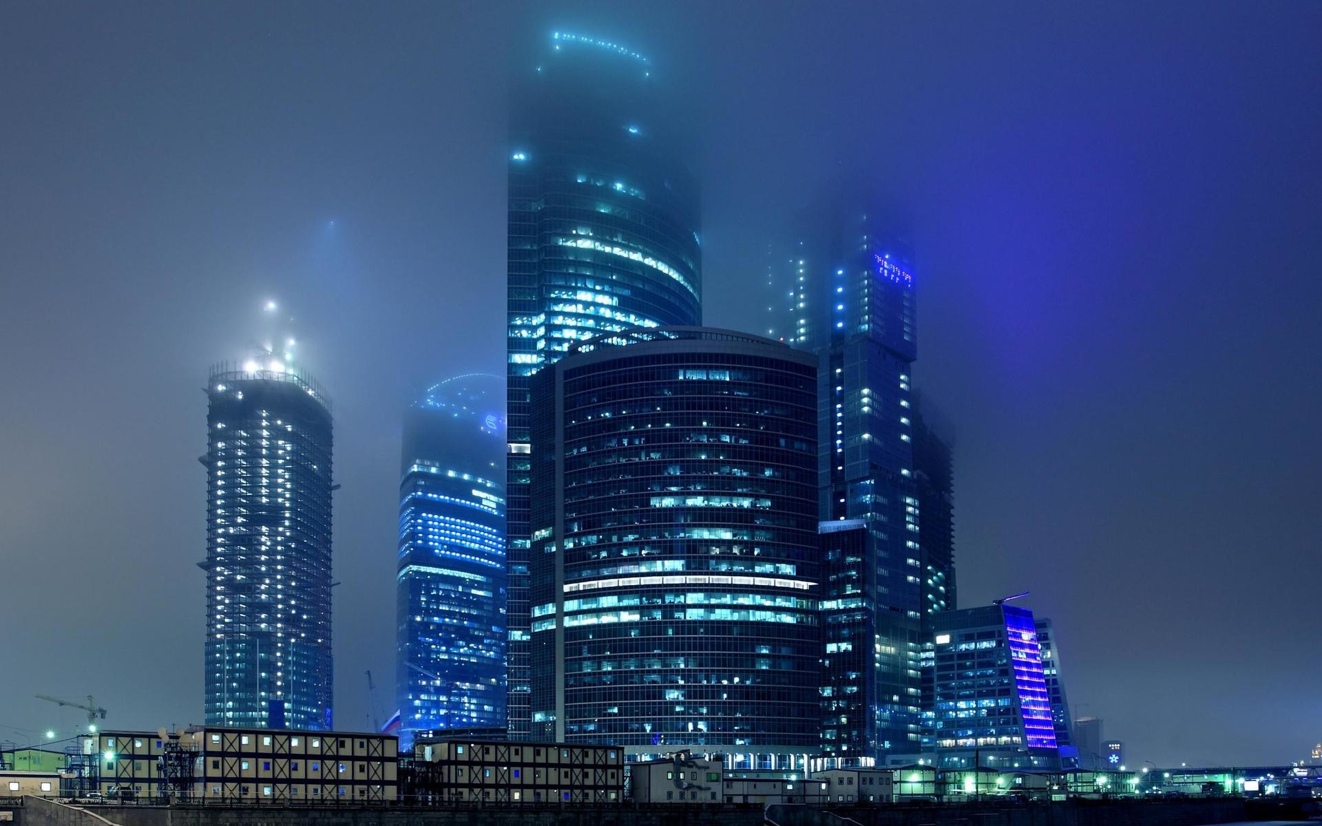 Moscow City, Mosca, Grattacieli, Nebbia, Notte, 1920x1200, sfondo per PC