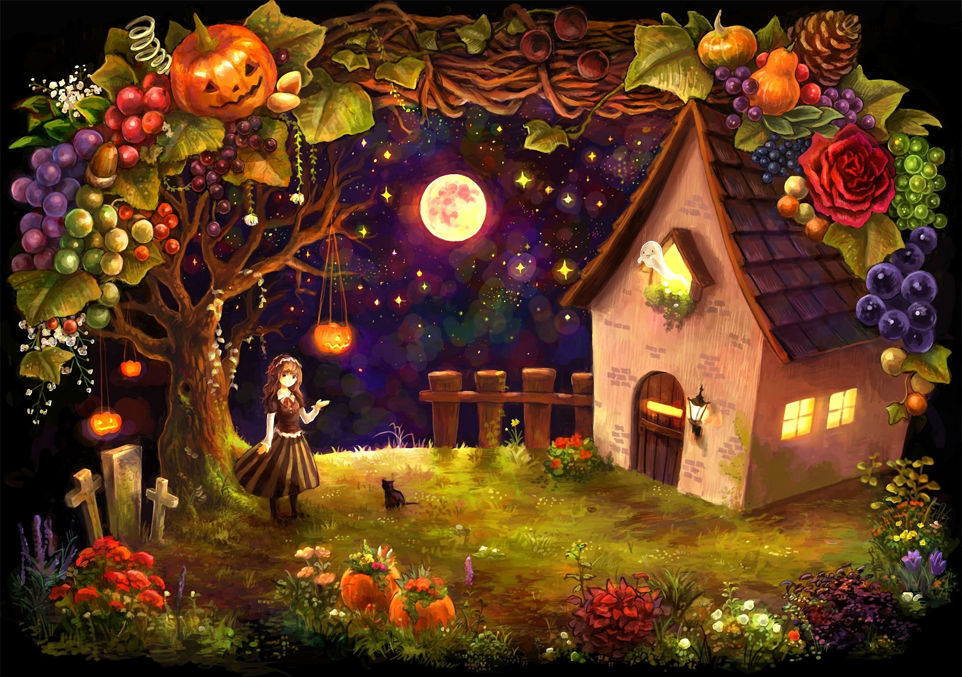 Casetta, Bambina, Zucche, Luna, Fantasy, Full HD, sfondo Windows 11