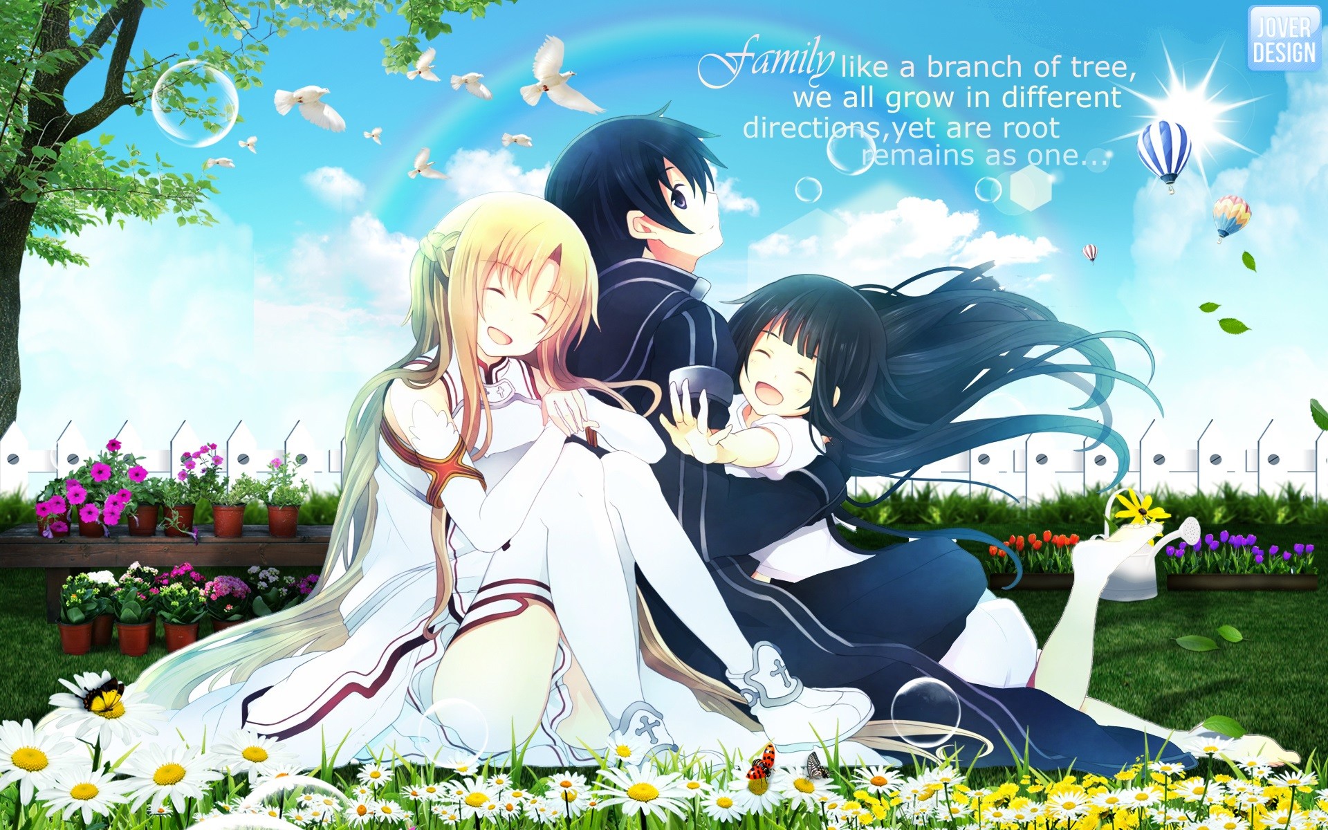 Kirito, Asuna, Yui, Sword Art Online, Famiglia, Giardino fiorito, sfondo Full HD per computer