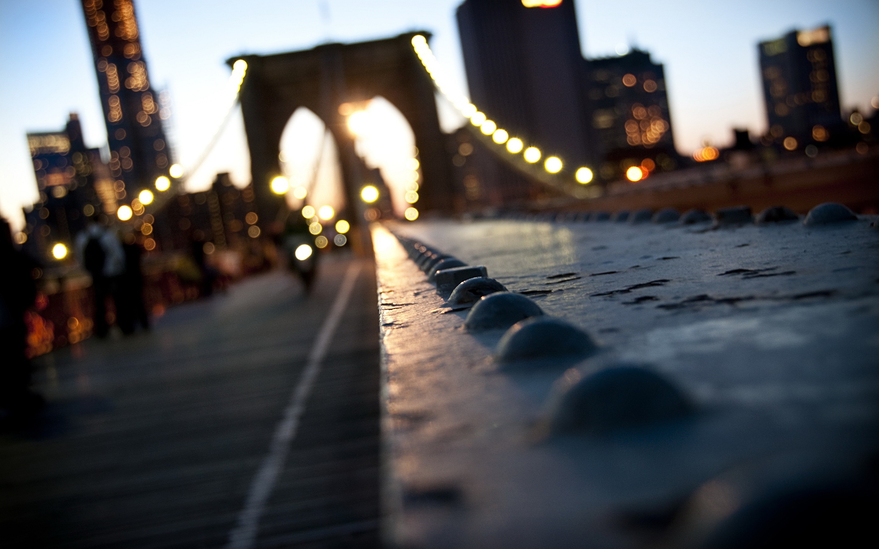 Ponte di Brooklyn, Passerella, Bokeh, Tramonto, 2K, wallpaper per computer