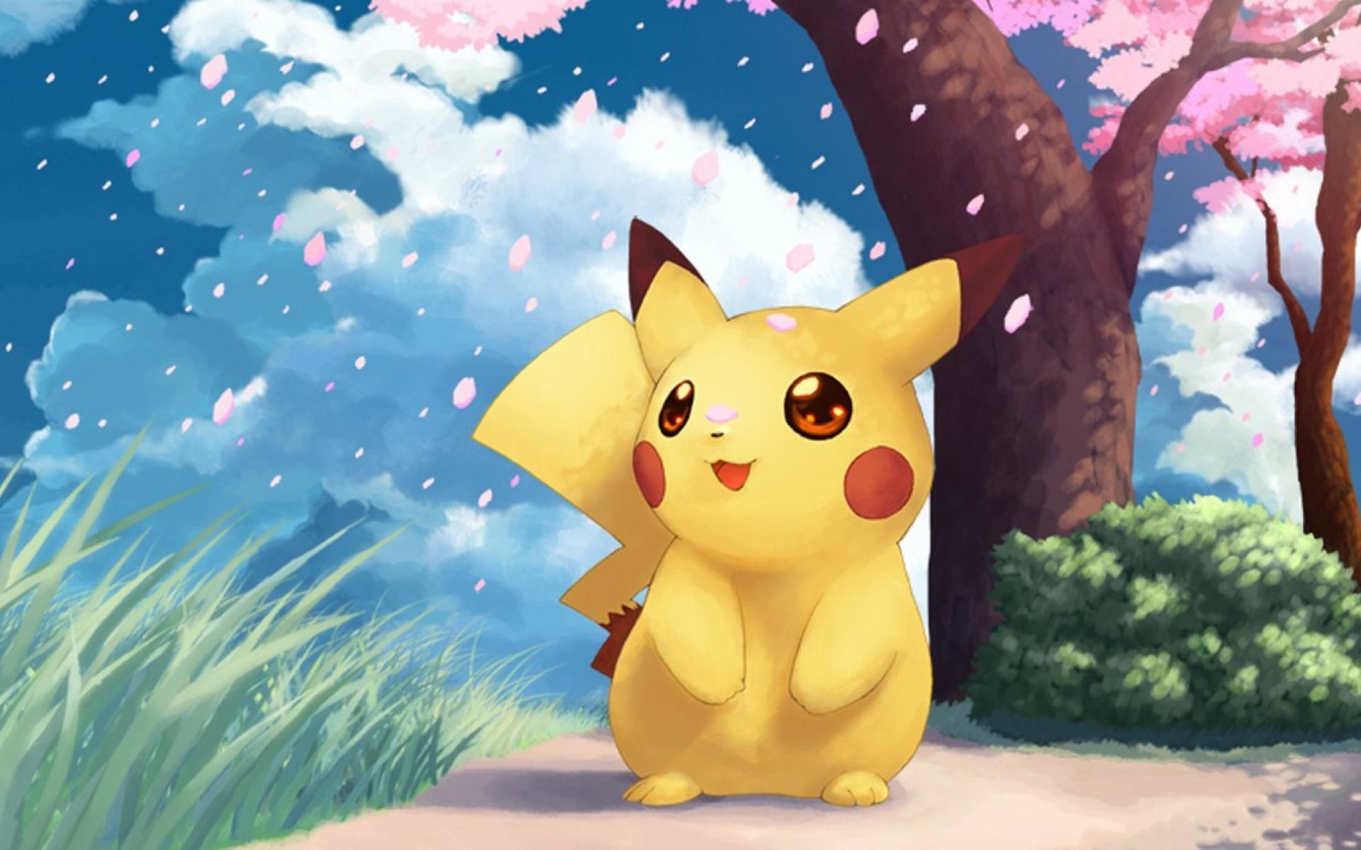 Pikachu, Pokémon, Ciliegi in fiore, Cielo azzurro, 1920x1200, sfondo per PC