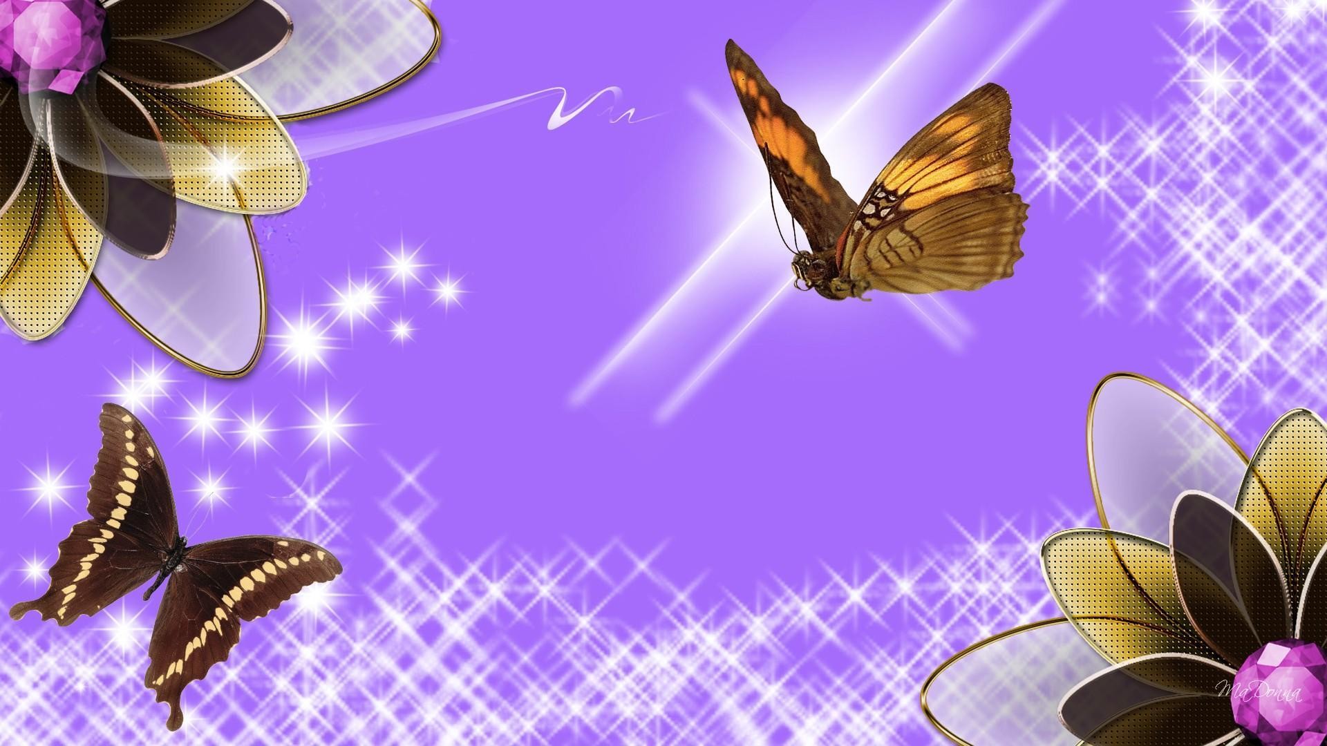 Farfalle, Fiori stilizzati, Sfondo lilla, Scintillii, 1920x1080, wallpaper desktop