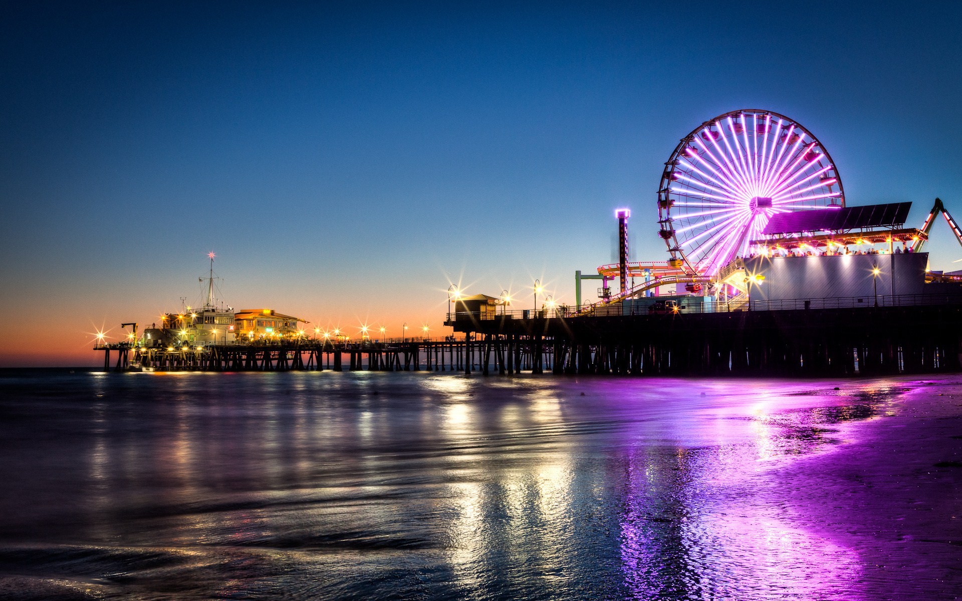 Santa Monica Pier, Pacific Park, Ruota panoramica, Notte, Oceano Pacifico, sfondo MacBook Pro