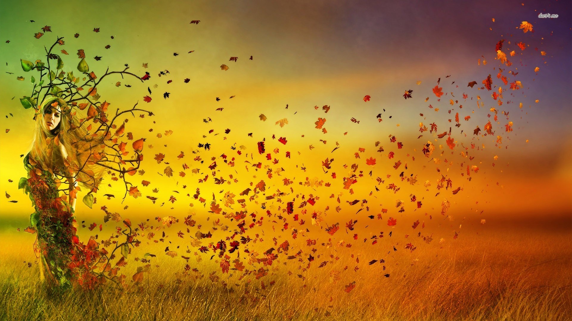 Spirito dell'autunno, Foglie al vento, Arte fantasy, Donna, 16:9 Full HD, sfondo widescreen