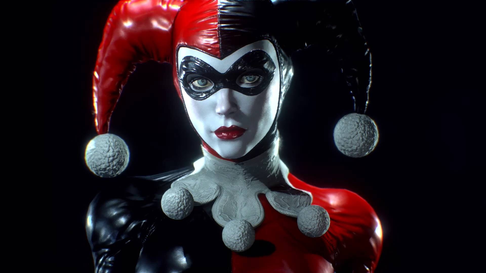 Harley Quinn, Costume da giullare, Maschera, Statua, Rosso e nero, sfondo desktop Full HD