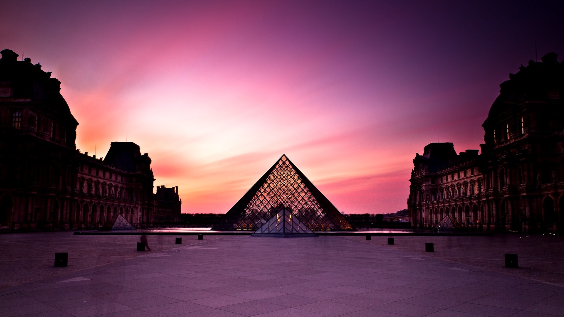 Piramide del Louvre, Museo del Louvre, Parigi, Tramonto, Rosa, Full HD, wallpaper per PC