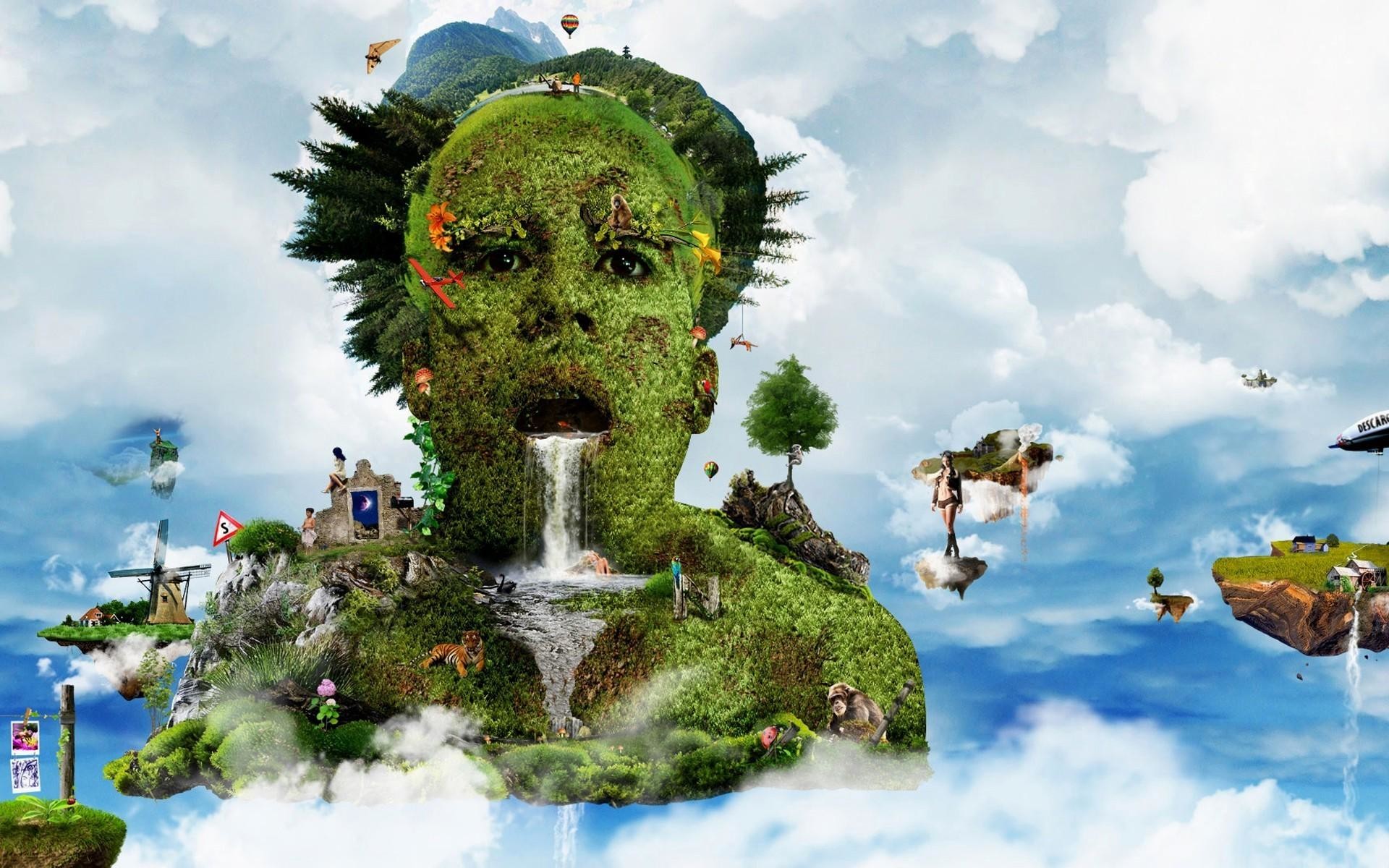 Volto di natura, Surreale, Cascata, Arte digitale, Full HD, sfondo Windows 11