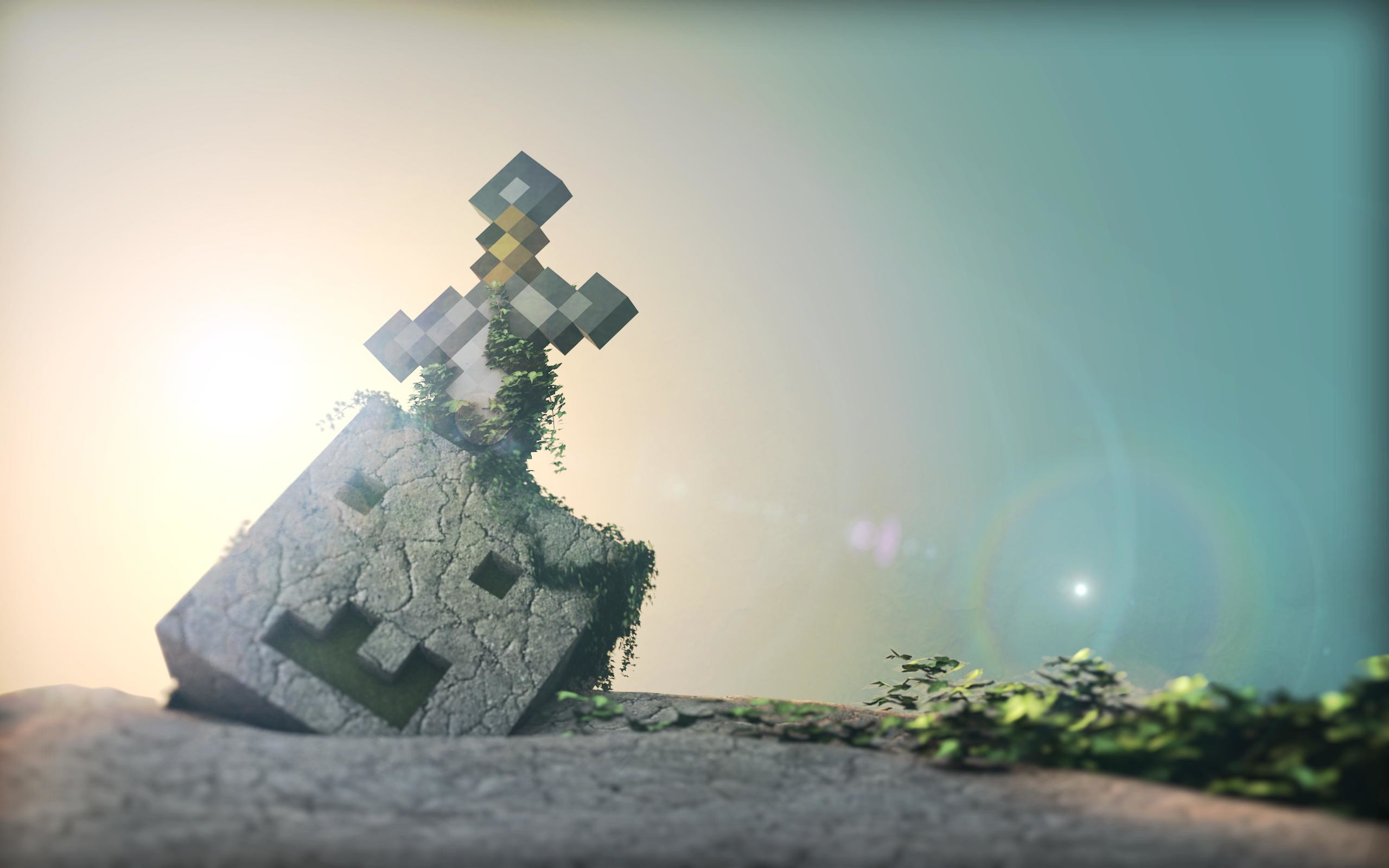Minecraft, Spada di diamante, Blocco, Rendering 3D, 2560x1600, immagine di sfondo
