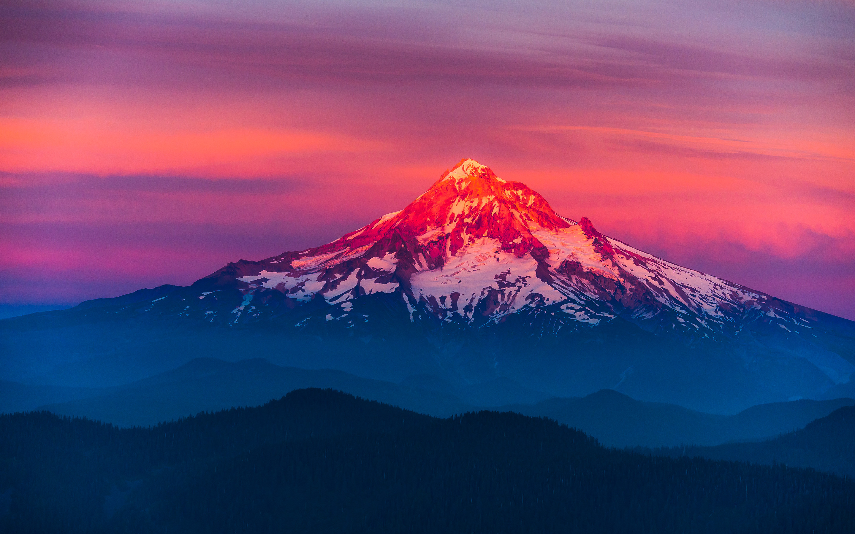 Monte Hood, Oregon, Montagna innevata, Tramonto, Rosa, 2K, wallpaper per computer