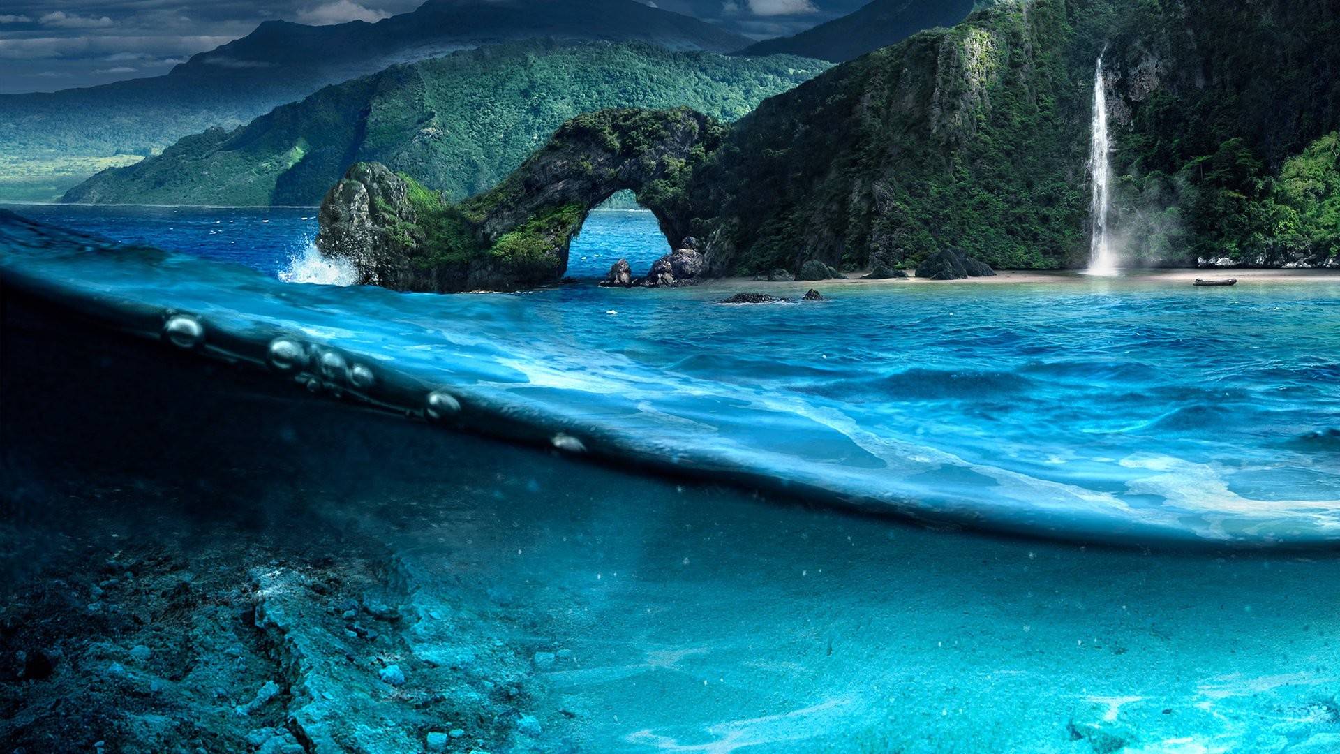 Far Cry 3, Isola di Rook, Arco di roccia, Cascata, Mare, Full HD, sfondo per PC