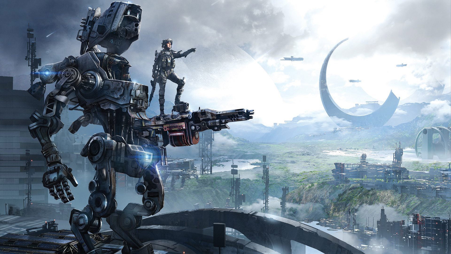 Titanfall, Titano, Pilota, Panorama, Fantascienza, Full HD, sfondo per portatile