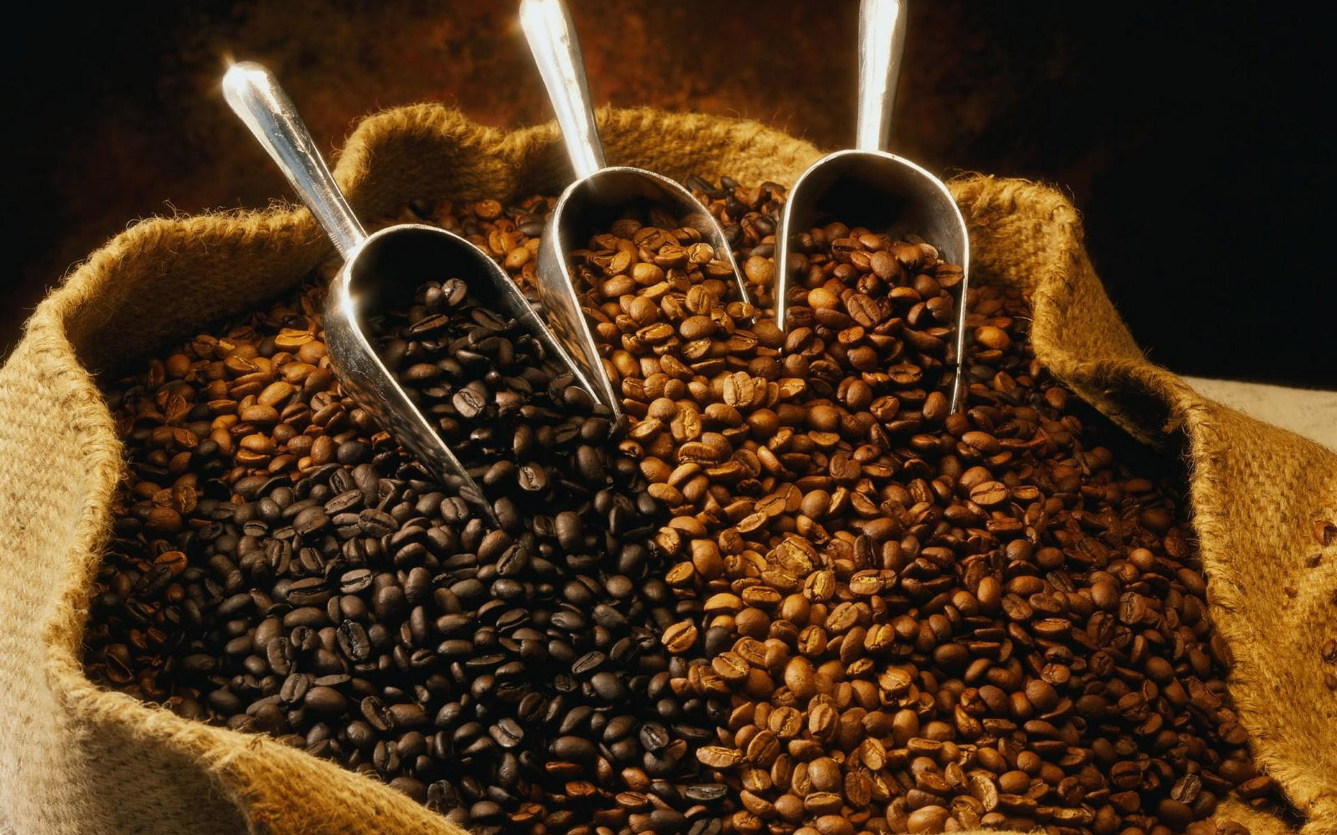 Chicchi di caffè, Sacco di juta, Paletta, Caffè tostato, 1920x1200, immagine di sfondo