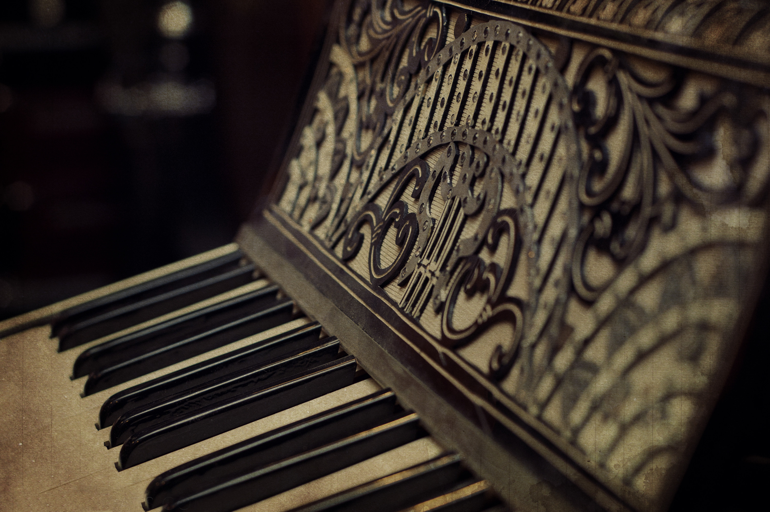 Pianoforte antico, Tasti, Intagli, Seppia, 2K, sfondo per PC e portatile